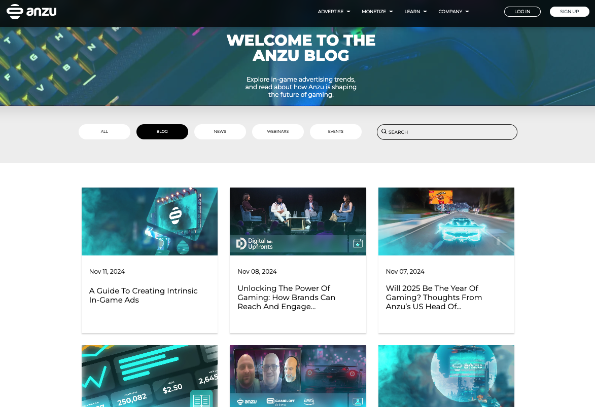 The Anzu blog homepage