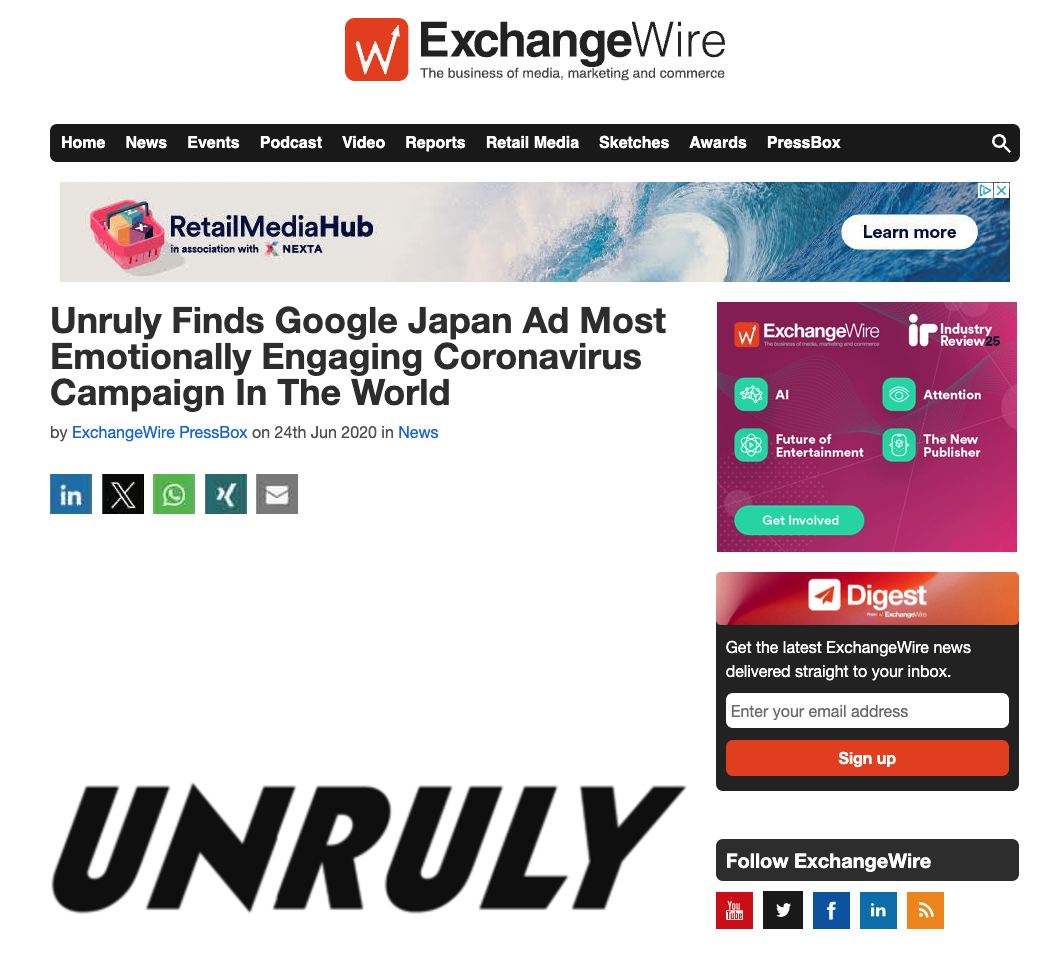 ExchangeWire: Unruly finds Google Japan ad most emotionally engaging